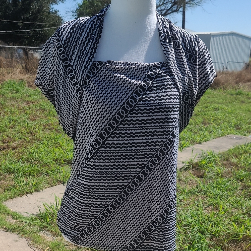 Black and White Striped Blouse with Scoop Neck